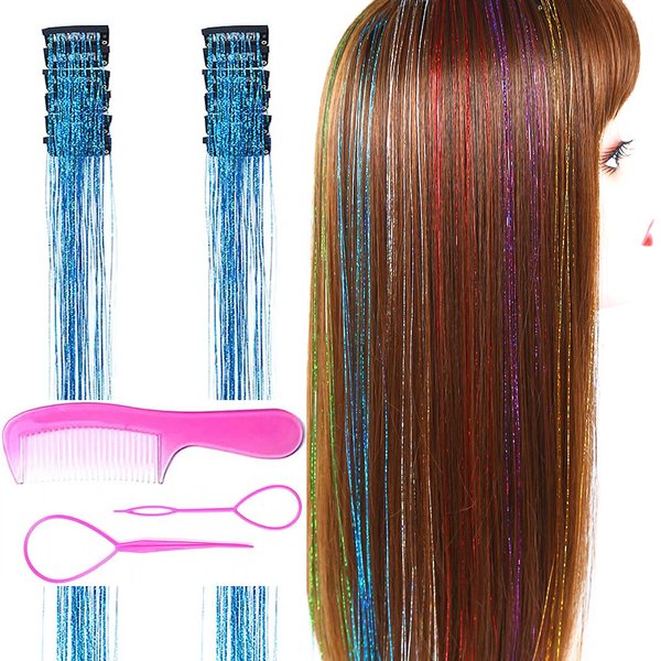 Hair Tinsel Kit 12 Pcs Clip in Hair Tinsel Heat Resistant 20 Inch Fairy Hair Tinsel Kit for Women Glitter Tinsel Hair Extensions for Party(Lake blue)