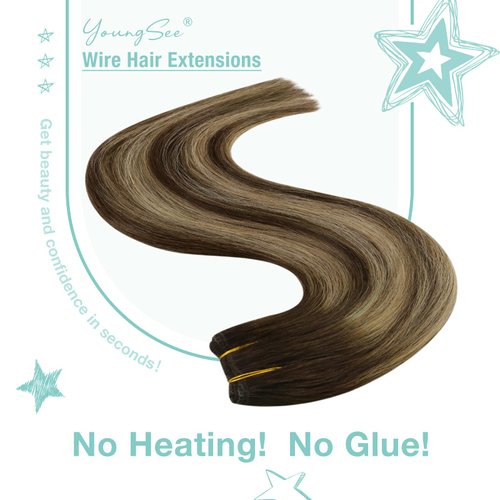 YoungSee Wire Hair Extensions Brown Balayage Wire Human Hair Extensions Adjustable Fish Line Real Human Hair Extensions Balayage Chocolate Brown Mix Caramel Blonde Balayage Hair Piece 18Inch 80G