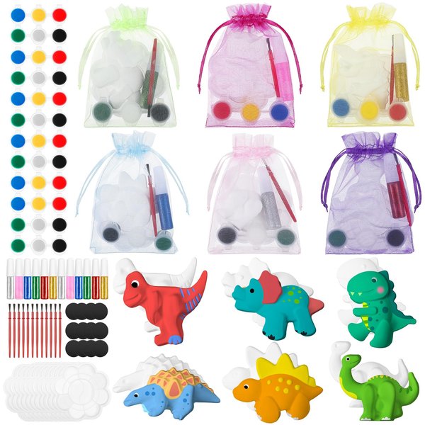 Gemscream 60 Pcs Dinosaur DIY Painting Kit Plaster Ceramic to Paint for Kids Paint Your Own Dino Figurines Crafts with Brushes Magnet Palette Organza Bag for Boys Adults Girls