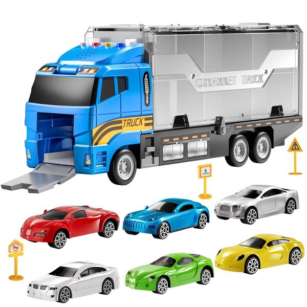 TEMI Transport Truck Toy Set with Play Mat, Carrier Truck Toys for Kids Toddlers, Die-Cast Metal Toy Car Set, Truck Car Kids Toys Christmas Birthday Gift for Age 3 4 5 6 + Years Old Boys Girls