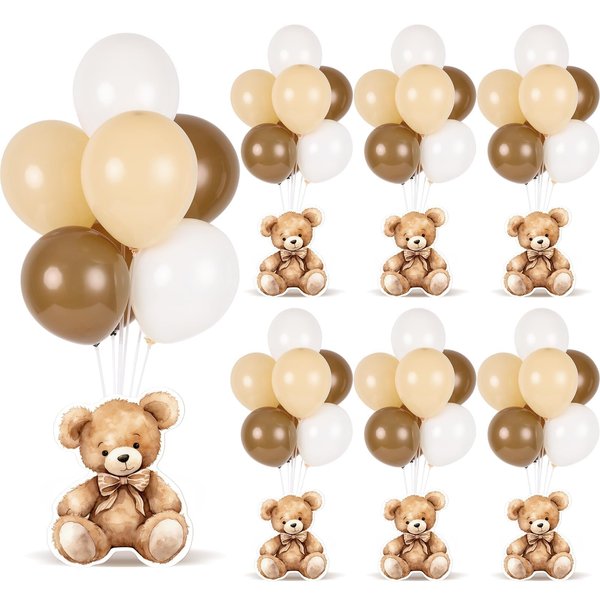 6 Sets Bear Baby Shower Tables Centerpieces with Balloon Boy Baby Shower Decorations for Bear Theme Gender Reveal Birthday Party Table Decorations Supplies (Brown Bear)