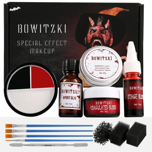 Bowitzki Halloween SFX Makeup Kit Scar Wax Special Effect Makeup,Scab Blood + 3 Colors Oil Based Face Paint + Spirit Gum + Skin Wax + 3 Stipple Sponges + Spatula