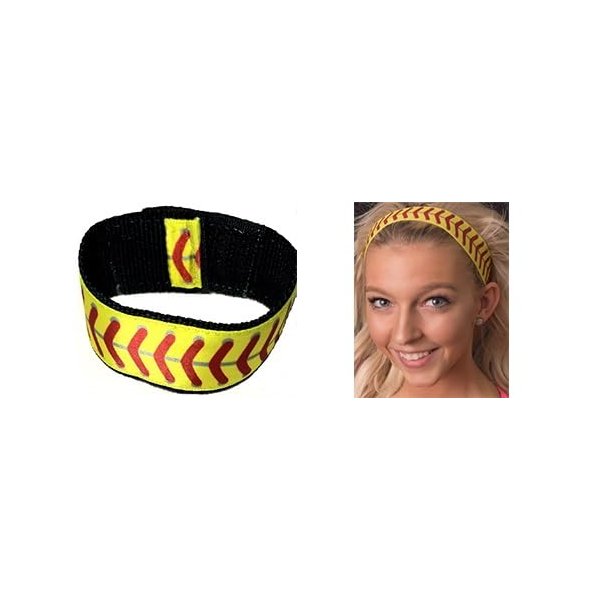 Sleeve Scrunchies Fastpitch softball (pair) and Headband (1) yellow with red softball stitching. (3 pieces total) Softball sleeve holders, softball headband,