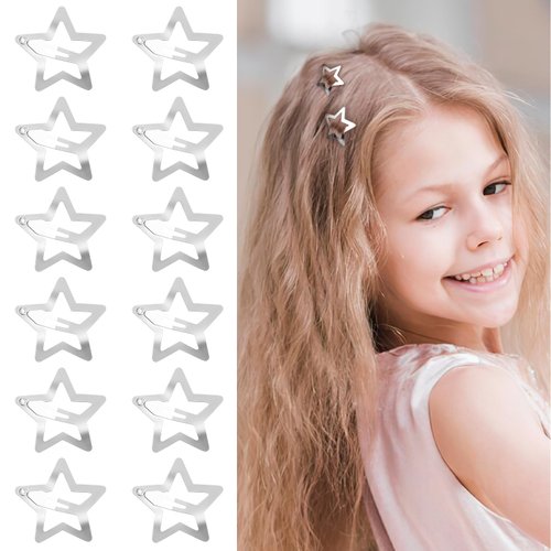 COMNICO 12 PCS 1.6" Star Hair Clips for Girls Non Slip Star Hair Barrettes Y2K Silver Metal Hair Accessories Kawaii Snap Kids Women Decoration Face Wash Clip Decoration
