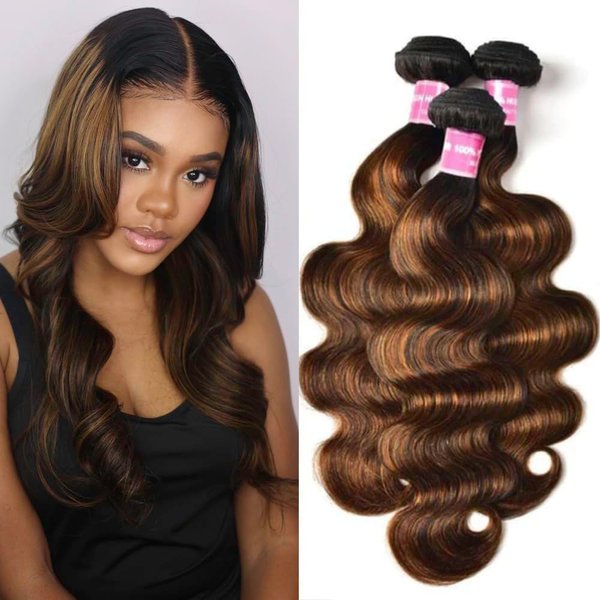 KLAIYI Ombre Brown Highlight Body Wave Human Hair Extensions 3 Bundles of 14 16 18Inch Balayage Honey Blonde Virgin Hair Weaves for Women Double Wefts Wavy Remy Hair with Dark Roots Sew In Piano Color