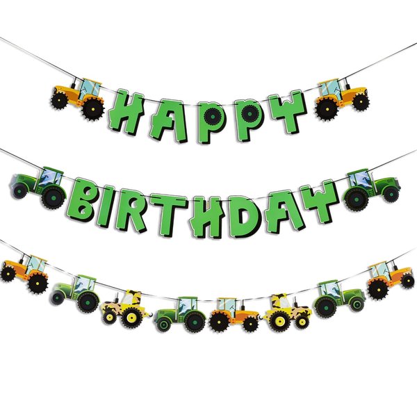 SUNBEAUTY Green Tractor Happy Birthday Banner Set with Tractor Garland Banner for Tractor Farm Themed Birthday Party Supplies Decorations | Pre-Strung