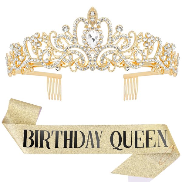 Araluky Gold Sash Rhinestone Tiara Set for women ,HAPPY Birthday Queen Sash Quinceanera Party Supplies Birthday Gifts for Girl Women with Fun Party with Gold Tiara Lettering
