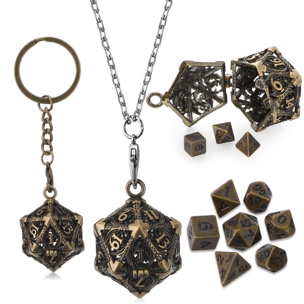 Syhood Mini Dice Set 7 Pcs Tiny Small Metal Dice Set Hollow D20 Necklace Dice Case Keychain Role Playing Table Games Portable Teacher Gift Mother Gift(Antique Gold)