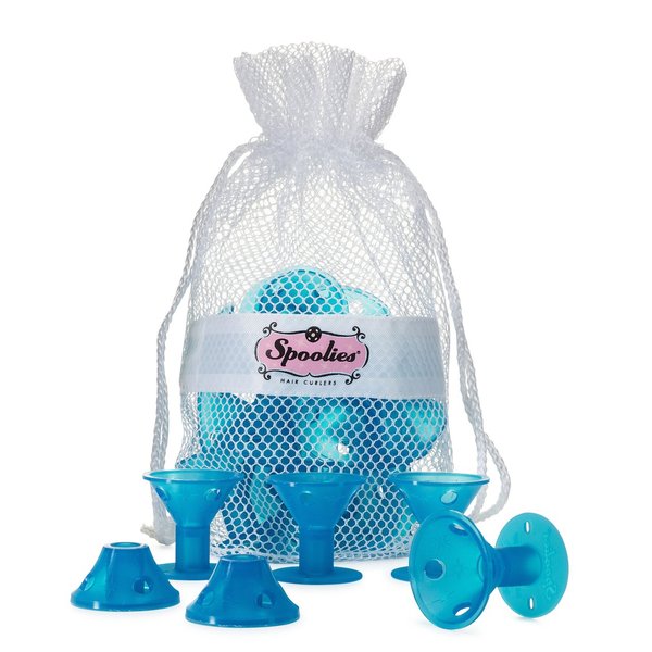 Spoolies Original Hair Curlers, Heatless Silicone Rollers with Mesh Bag Gift for Natural Hair, Hair Extensions plus Wigs, Made in USA, 15 Jumbo Size (Beachy Blue)