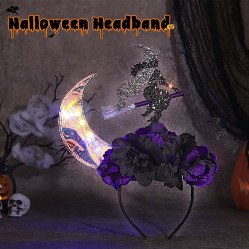 Fashey Halloween Light Up Headband LED Lighting Moon Headbands Black Rose Hairband Festival Witch Costume Hair Accessories for Women and Girls
