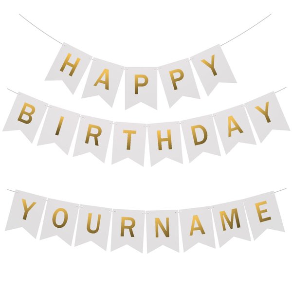 Uorbmaio White Happy Birthday Bunting Banner with Name Banner: Custom Banner with 2 set 26 Letters Banner DIY Birthday Banner