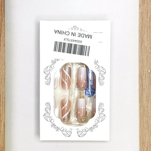 White French Press on Nails Square Long Length Fake Nail DIY Naked Glue on Nails with Rhinestones Design Nail Full Cover Glitter Line French Coffin Nails Tips for Women Acrylic Nail Decoration 24 PCS