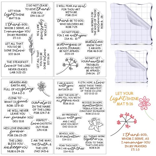 4 Sheets Bible Verse Clear Stamps Set Christian Scrapbooking Stamp Rubber Stamps for Card Making 2 Pieces Acrylic Stamp Blocks Tools with Grid Lines for DIY Scrapbooking Making(Classic Style)