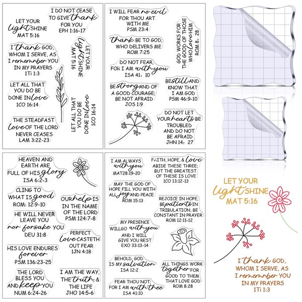 4 Sheets Bible Verse Clear Stamps Set Christian Scrapbooking Stamp Rubber Stamps for Card Making 2 Pieces Acrylic Stamp Blocks Tools with Grid Lines for DIY Scrapbooking Making(Classic Style)