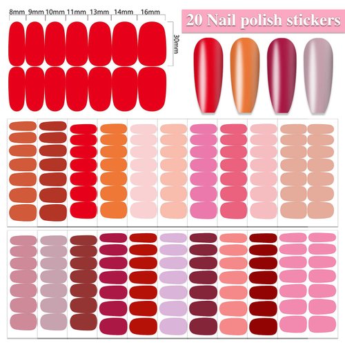 WOKOTO 20 Sheets Red Pink Nail Polish Strips Full Nail Wraps Solid Nail Stickers for Women Nail Art Polish Stickers Gel Nail Strips for Women Girls Nails Stick On Nails for Women Nail Polish Wraps