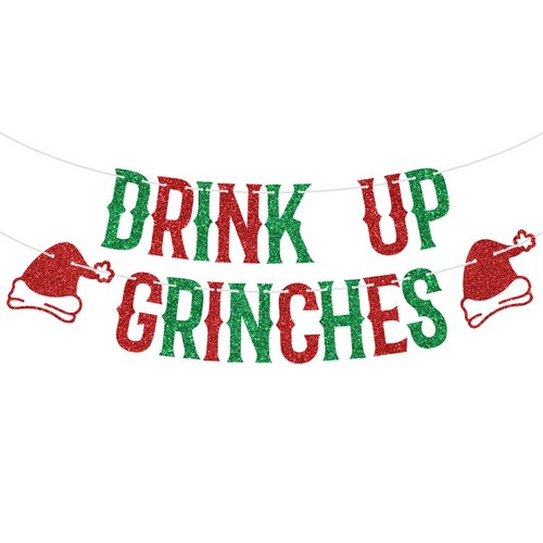 Green Glitter Drink Up Grinches Banner, Merry Grinchmas/Merry Christmas, Christmas Holiday New Year Day Party Decorations Supplies