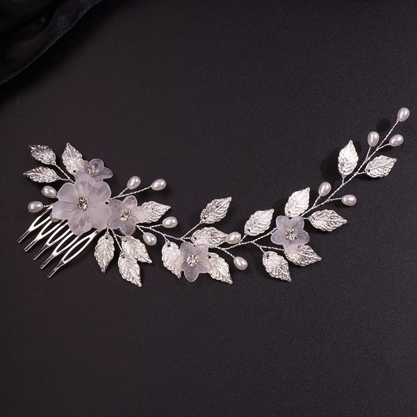 Teyglen Flower Bride Wedding Hair Comb Bridal Silver Leaf Pearl Side Hair Comb Handmade Gold Silver Leaf Rhinestone Hair Pieces Hair Accessories for Women Flower Girls Bridesmaid (Silver)