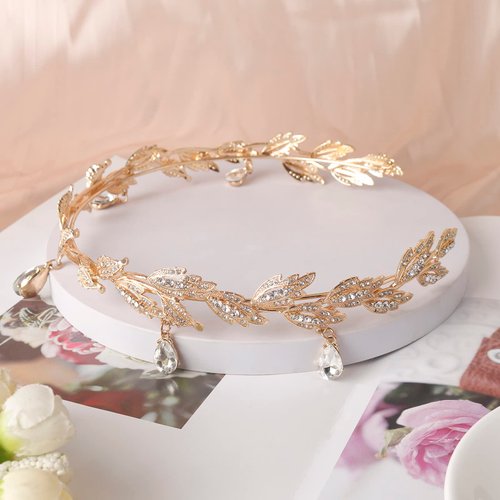 DS Rhinestone Wedding Tiara Crown for Brides，3-pack Tiara Earrings Necklace Bridal Jewelry Set，Goddess elf Princess Fairy Crystal Pendent Headband Cosplay Crown Accessory for Wedding Prom-gold 1