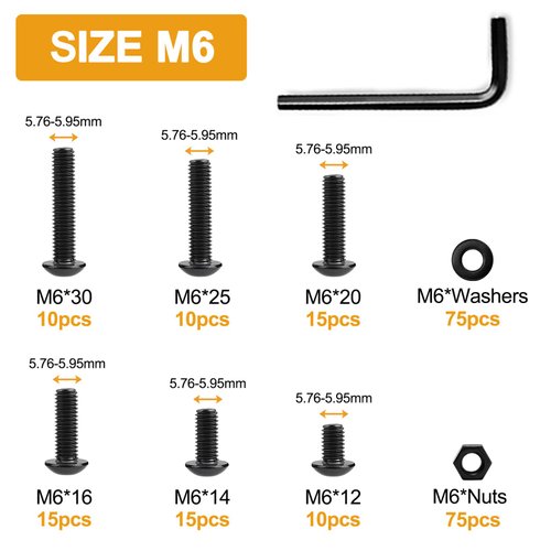 VIGRUE 225PCS M6 x 12/14/16/20/25/30mm Button Head Hex Socket Cap Screws Bolts Nuts Washer Assortment Kit, 10.9 Grade Alloy Steel Black Oxide, Fully Threaded