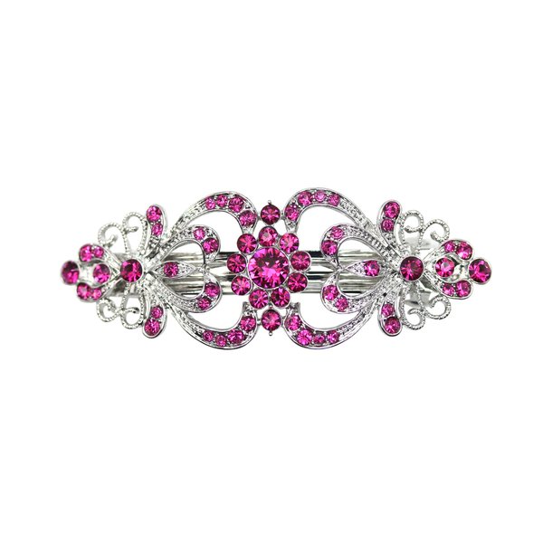Faship Gorgeous Fuchsia Crystal Hearts And Floral Hair Barrette