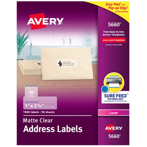 Avery Printable Address Labels with Sure Feed, 1" x 2-5/8", Matte Clear, 1,500 Blank Mailing Labels (05660)