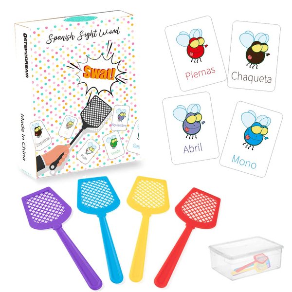 1step2dream Spanish Sight Words Game | 108 Fly Words with 4 Fly Swatters | Swat Educational Learning Games for Classroom,Kids