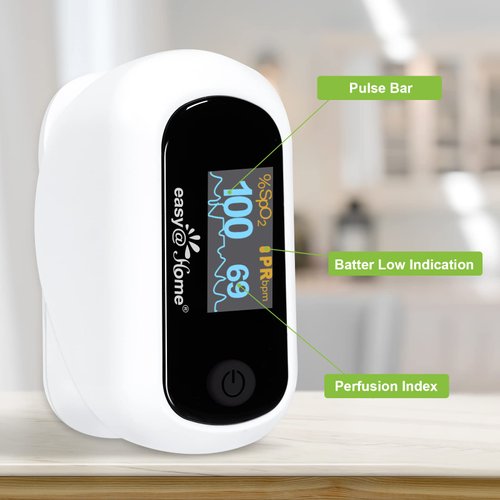 Easy@Home Fingertip Pulse Oximeter SpO2 Blood Oxygen Saturation Meter and Heart Rate Monitor, Rotatable OLED Display with Batteries Included, Portable Lanyard and Carrying Package-EHP035