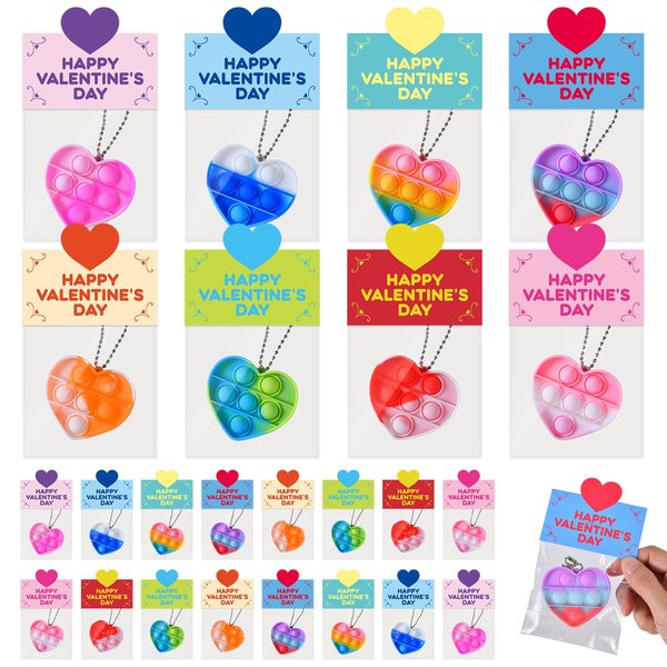 Valentines Day Cards for Kids, 24 Packs Heart Pop Valentines Fidget Toys Bulk Stress Relief Fidget Toys for Kids Valentine's Party Favors School Classroom Exchange Gifts