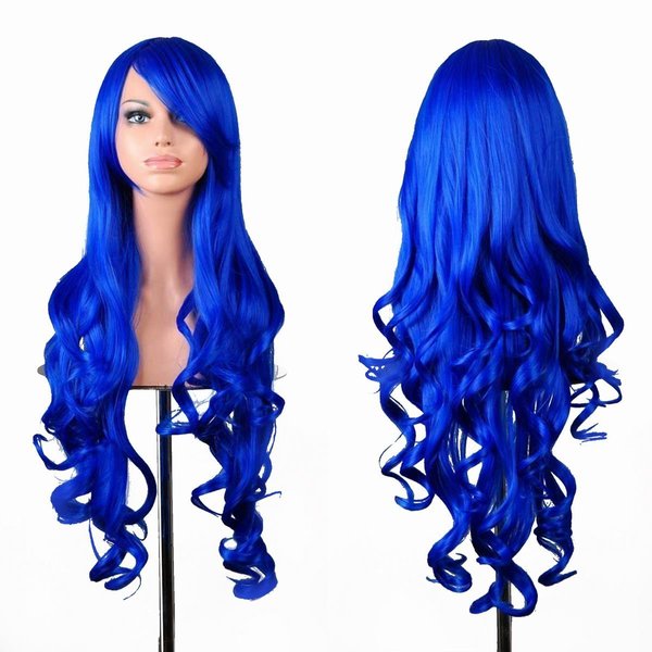 EmaxDesign Wigs 32 inch Wavy Curly Cosplay Wig With Wig Cap and Comb (Dark Blue)