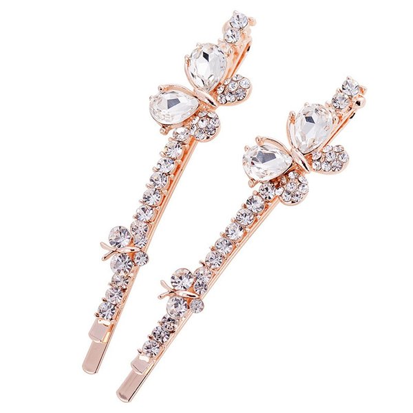 Ruihfas 1 Pair Fashion Women Girls Crystal Rhinestone Hairpins Double Butterfly Design Hair Pins Clips Barrettes Headdress (White)