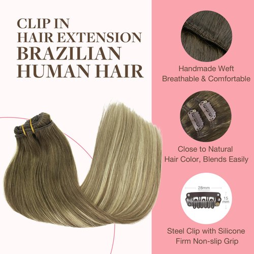 GOO GOO Clip in Hair Extensions Real Human Hair, Remy Human Hair Extensions Clip ins for Women, Natural Human Hair, 20inch 120g 7Pcs, 3/8/613 Balayage Walnut Brown to Ash Brown and Bleach Blonde