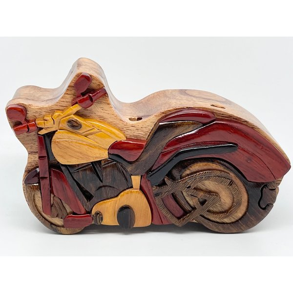 Motorcycle Wooden Puzzle Box - Hand Carved Wood Trinket Box - All Natural Intarsia Wood Art