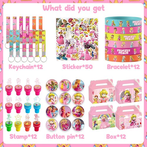 WOOACME Princess Peach Party Favor, 110Pcs Princess Peach Party Supplies Include Button Pins, Key Chains, Bracelets, Stickers, Themed Stamps, Gift Bags, Princess Peach Party Decorations for Girls