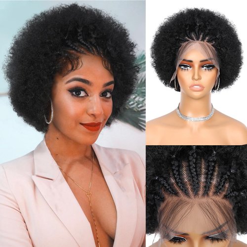 Quantum Love Braided Cornrow Afro Puff Wig for Black Women Stitch Braids Lace Front Wigs with Baby Hair Glueless Prep lucked Afro Braid Synthetic Natural Black Hair
