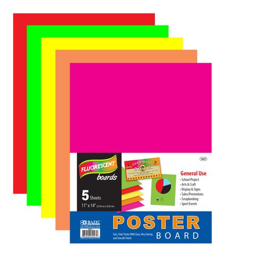 BAZIC Poster Board 11" X 14" Assorted Neon Colored Poster Board Paper for School Craft Project Presentation Drawing Graphic Display (5/Pack), 1-Pack