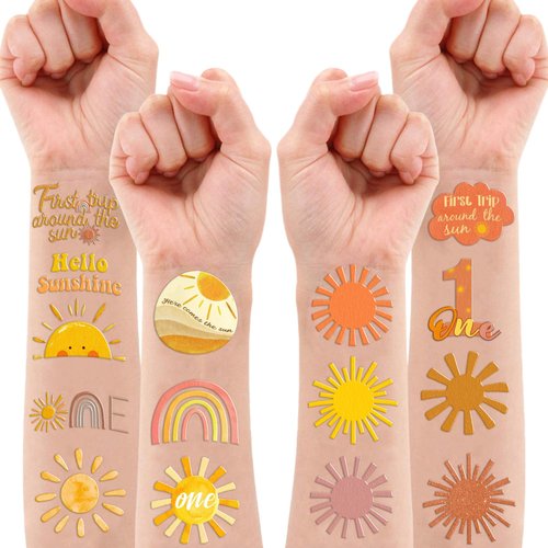100PCS Boho First Trip Around The Sun Temporary Tattoos Themed Birthday Party Decorations Favors Supplies Decor Hello Sunshine Sunset Stickers Cute Gifts for Game Kids Boys Girls Class Prizes Carnival