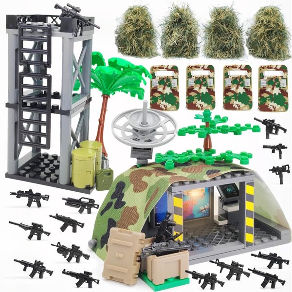 ZHX Modern Military Building Block Toys Camouflage Tent Command Center Army Weapon Shield Accessories with Sentry Guard Tower Set Compatible with Classic Bricks for Kids Age 8 10 12 14 Years