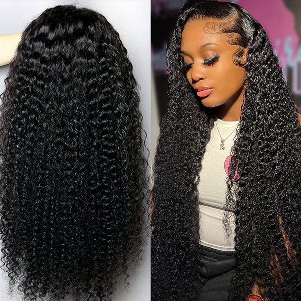 PEGOZA Kinky Curly Lace Front Wigs Human Hair 13X4 HD transparent Lace Frontal Remy Human Hair 150 Density Human Hair Pre-Pulled Baby Hair Natural Color for Black Women (26 Inch)