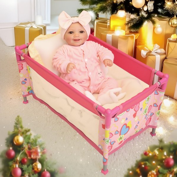 BABESIDE Baby Doll Crib, Baby Doll Bed for 17-21 Inch Dolls, Foldable Baby Doll Playpen Toy Crib, Reborn Baby Doll Accessories with Storage Bag, Doll Pack n Play Kids Gift (Pink)