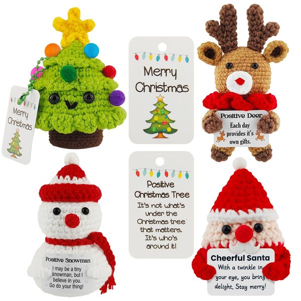 Nenalayo 4PCS Christmas Positive Crochet Doll with Positive Card-Cute Knitted Christmas Tree,Cheerful Santa,Positive Deer and Snowman,Fun Gift for Christmas,Party Decorations