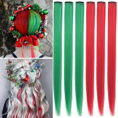 Christmas Colored Hair Extensions, 6Pcs 21 in Red Green Long Straight Hairpieces Clip in Synthetic for Kids Girls Women Christmas Party Supplies