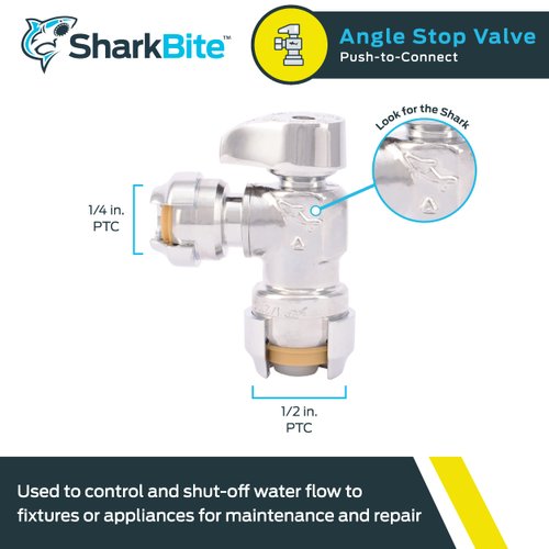 SharkBite 1/2 x 1/4 Inch (3/8 Inch OD) Compression Angle Stop Valve, Quarter Turn, Push to Connect Brass Plumbing Fitting, PEX Pipe, Copper, CPVC, PE-RT, HDPE, 23048-0000LF