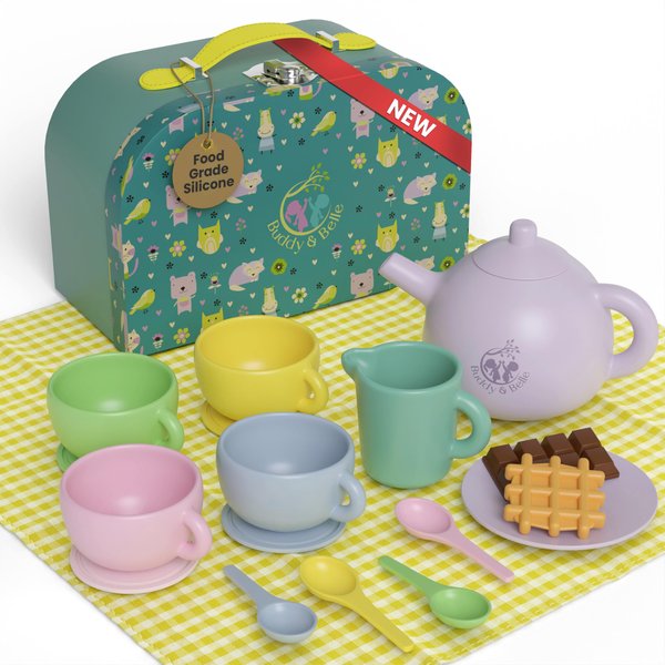 Silicone Tea Set for Kids - 18 Pcs Toddler Tea Party Set with Picnic Cloth - Cute Boutique Gift Storage Case - Food Grade Child Tea Set for Play Bath and Beach - Toddler Tea Set 1-6 Years