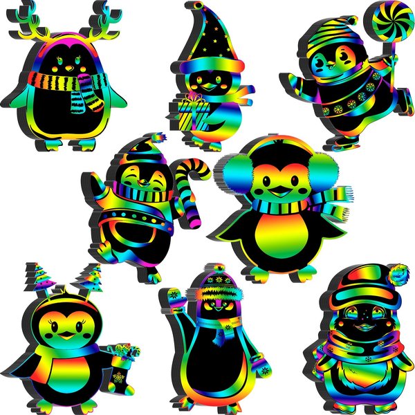 Hollowfly 80 Pcs Christmas Penguin Scratch Cards for Kids Winter Crafts Christmas Tree Ornament DIY Art Christmas Party Supplies for Winter Xmas Holiday Party Home Class Game Activities
