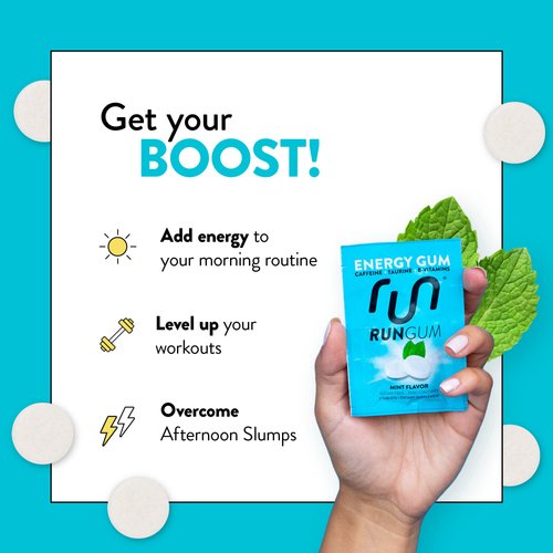 RUN GUM Mint Energy Gum 50mg Caffeine Taurine & B-Vitamins Per Piece, 24 Pieces (Pack of 12), 2 Pieces = 1 coffee or Energy drink, Sugar Free, Zero Calorie