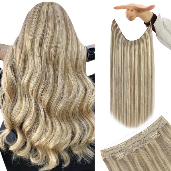 YoungSee Wire Hair Extensions Highlight Invisible Wire Human Hair Extensions Highlights Light Brown with Platinum Blonde Real Hair Wire Extensions Human Hair Extensions with Wire 70G 12Inch