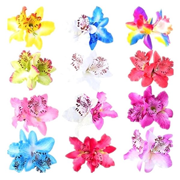 12PCS Double Chiffon Orchid Flower Hair Clips Hawaii Flower Slide Alligator Clip Wedding Party Bridal Hairclips Hair Pins Barrette Hairpieces Beach Wear Accessories(Color Random)