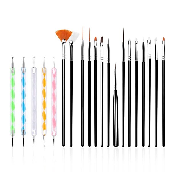 FULINJOY 20PCS Nail Art Design Tools, 15PCS Painting Brushes Set (Black) with 5PCS Dotting Pens