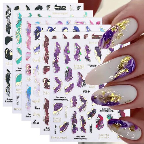 6 Sheets Marble Nail Stickers 3D Bronzing Gold Marble Nail Art Stickers Blooming Nail Decals Watercolor Smudge Nail Sticker Self-Adhesive Foil Stickers for Women Girls Acrylic Nail Decorations