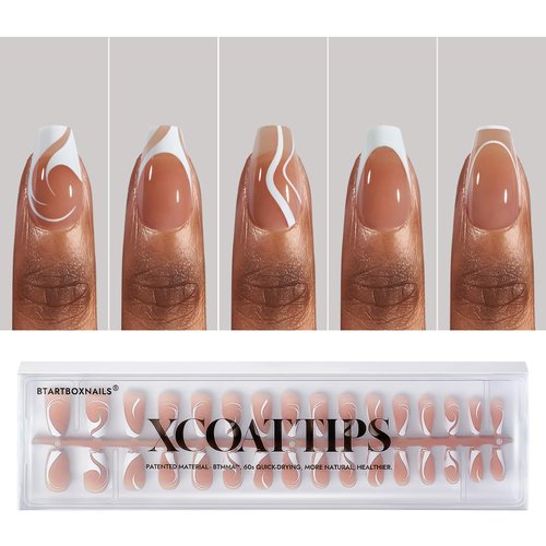 BTArtbox French Tip Press on Nails - 5 Styles XCOATTIPS Short Coffin Nails, Pre-Designed Swirl Soft Gel Nail Tips, Ultra Fit False Nails, Soak Off Acrylic Fake Nails Extensions for Nail Art DIY
